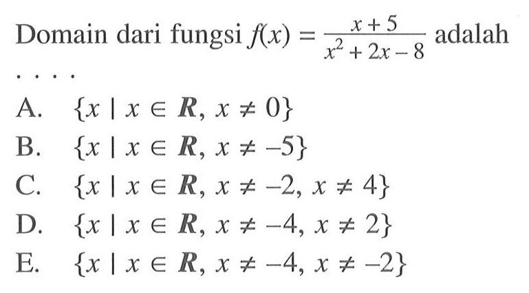 Domain dari fungsi  f(x)=(x+5)/(x^2+2x-8)  adalah ...
