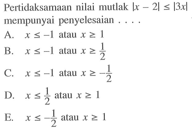 Pertidaksamaan nilai mutlak |x-2|<=|3x| mempunyai penyelesaian ....