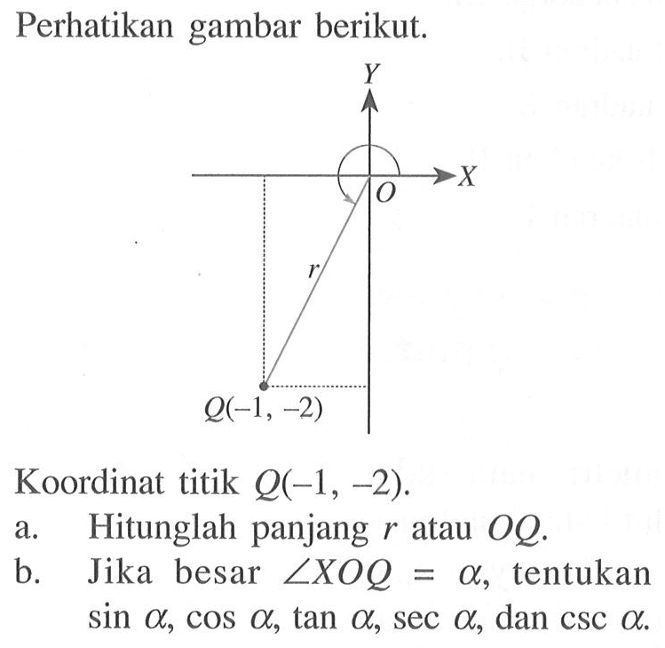 Perhatikan gambar berikut.Koordinat titik  Q(-1,-2).a. Hitunglah panjang r atau OQ.b. Jika besar  sudut XOQ=a, tentukan  sin a, cos a, tan a, sec a, dan  csc a 