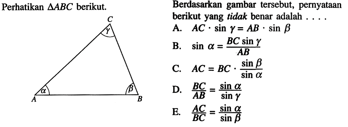 Perhatikan segitiga ABC berikut. a b gammaBerdasarkan gambar tersebut, pernyataan berikut yang tidak benar adalah....A. AC.sin gamma = AB.sin bB. Sin a = BC sin gamma/ABC. AC = BC.sin b/sin aD. BC/AB = sin a/sin gammaE. AC/BC=sin a/sin b