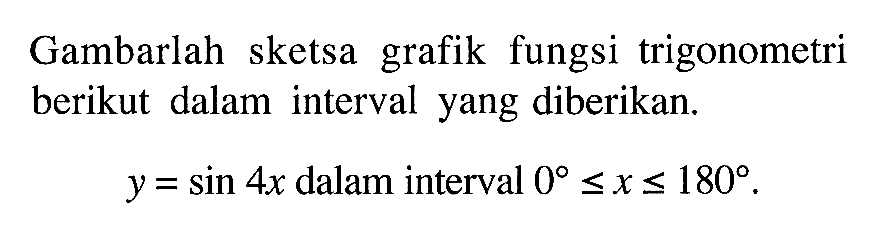 Gambarlah sketsa grafik fungsi trigonometri berikut dalam interval yang diberikan. y=sin 4x dalam interval 0<=x<=180