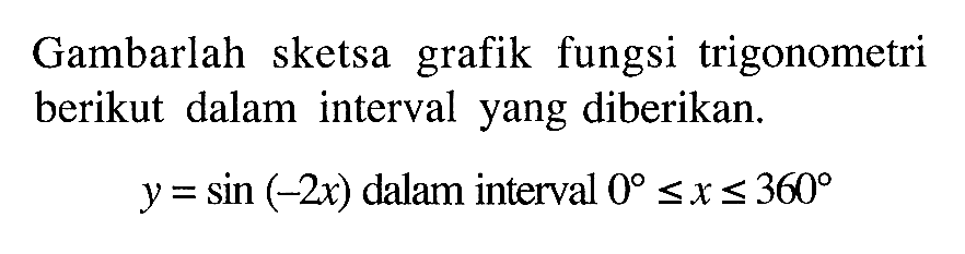 Gambarlah sketsa grafik fungsi trigonometri berikut dalam interval yang diberikan. y=sin(-2x) dalam interval 0<=x<=360