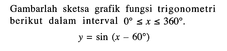 Gambarlah sketsa grafik fungsi trigonometri berikut dalam interval 0 <=x <= 360. y = sin(x-60)