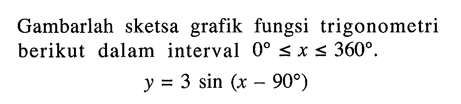 Gambarlah sketsa grafik fungsi trigonometri berikut dalam interval 0<=x<=360. y=3 sin(x-90)