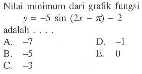 Nilai minimum dari grafik fungsi y=-5 sin(2x-pi)-2 adalah ...