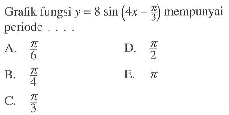 Grafik fungsi y = 8 sin (4x -phi/3) mempunyai periode