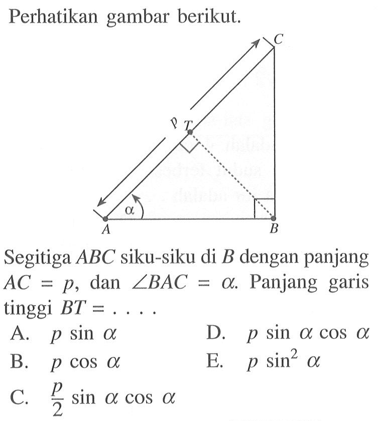 Perhatikan gambar berikut.Segitiga ABC siku-siku di B dengan panjang  AC=p, dan sudut BAC=a. Panjang garis tinggi BT=....