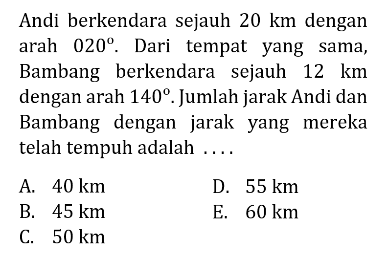 Andi berkendara sejauh 20 km dengan arah 020. Dari tempat yang sama, Bambang berkendara sejauh 12 km dengan arah 140. Jumlah jarak Andi dan Bambang dengan jarak yang mereka telah tempuh adalah ....