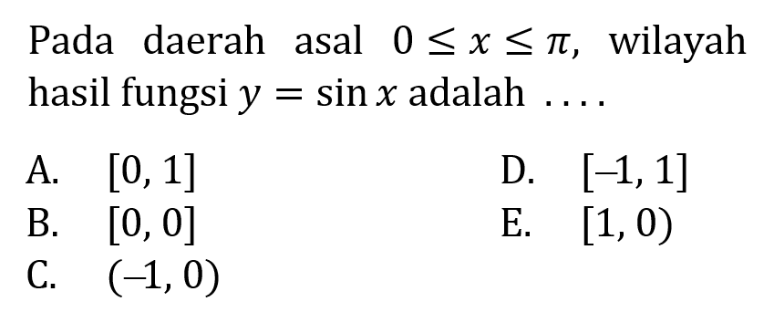 Pada daerah asal 0<=x<=pi, wilayah hasil fungsi y=sinx adalah ....