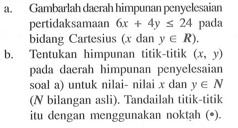 a. Gambarlah daerah himpunan penyelesaian pertidaksamaan 6x+4y<=24 pada bidang Cartesius (x dan y e R). b. Tentukan himpunan titik-titik (x, y) pada daerah himpunan penyelesaian soal a) untuk nilai-nilai x dan y e N (N bilangan asli). Tandailah titik-titik itu dengan menggunakan noktah (.).