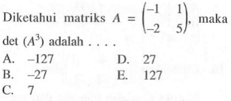 Diketahui matriks A=(-1 1 -2 5), maka det(A^3) adalah . . . .