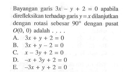 Bayangan garis 3x-y+2=0 apabila direfleksikan terhadap garis y=x dilanjutkan dengan rotasi sebesar 90 dengan pusat O(0, 0) adalah ...