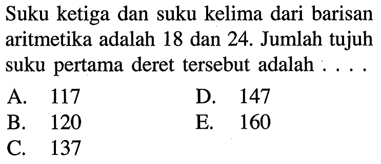 Suku ketiga dan suku kelima dari barisan aritmetika adalah 18 dan 24. Jumlah tujuh suku pertama deret tersebut adalah . . . .