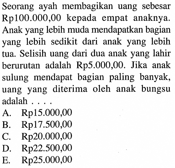 Seorang ayah membagikan uang sebesar Rp100.000,00 kepada empat anaknya. Anak yang lebih muda mendapatkan bagian yang lebih sedikit dari anak yang lebihtua. Selisih uang dari dua anak yang lahir berurutan adalah  Rp 5.000,00 . Jika anak sulung mendapat bagian paling banyak, uang yang diterima oleh anak bungsu adalah ...A.  Rp 15.000,00 B.  Rp 17.500,00 C.  Rp 20.000,00 D.  Rp 22.500,00 E.  Rp 25.000,00 