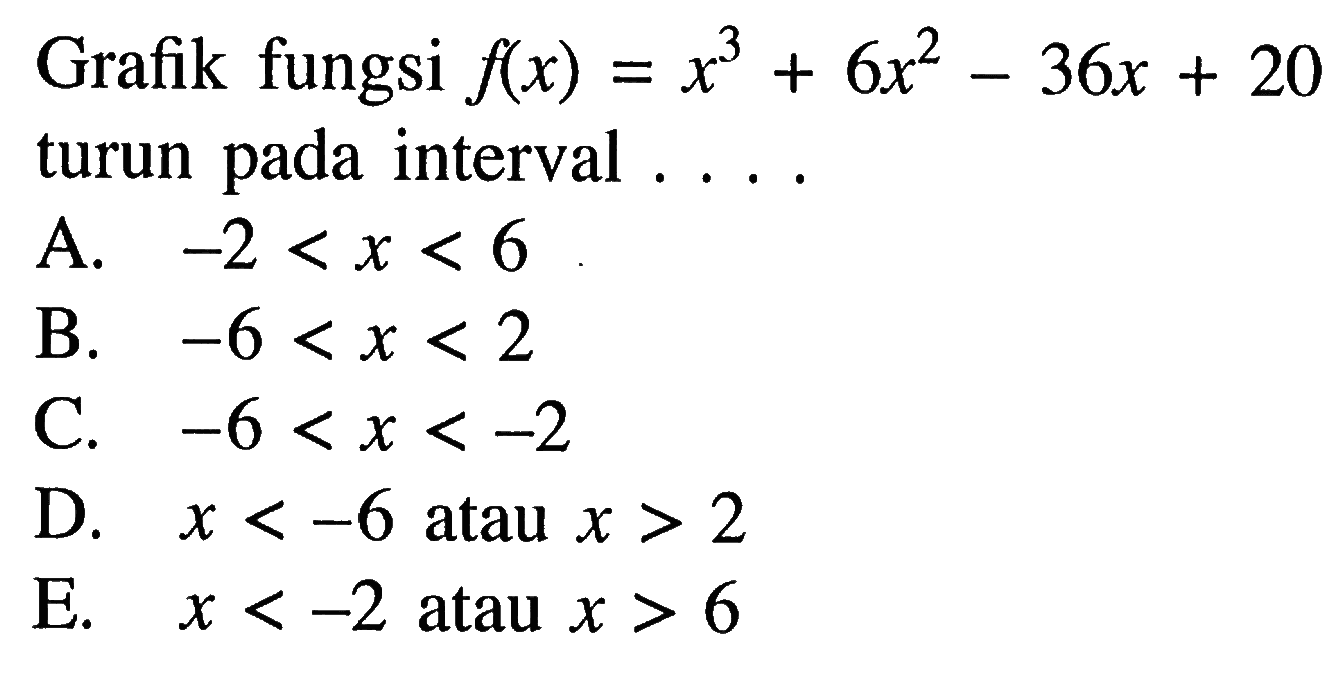 Grafik fungsi  f(x)=x^3+6x^2-36x+20  turun pada interval ....