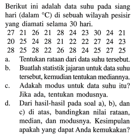 Berikut ini adalah data suhu pada siang hari (dalam C) di sebuah wilayah pesisir yang diamati selama 30 hari. 27 21 26 21 28 24 23 30 24 21 20 25 24 28 21 22 22 27 24 23 28 25 28 22 26 28 24 25 27 25 a. Tentukan rataan dari data suhu tersebut. b. Buatlah statistik jajaran untuk data suhu tersebut, kemudian tentukan mediannya. c. Adakah modus untuk data suhu itu? Jika ada, tentukan modusnya. d. Dari hasil-hasil pada soal a), b), dan c) di atas, bandingkan nilai rataan, median, dan modusnya. Kesimpulan apakah yang dapat Anda kemukakan?