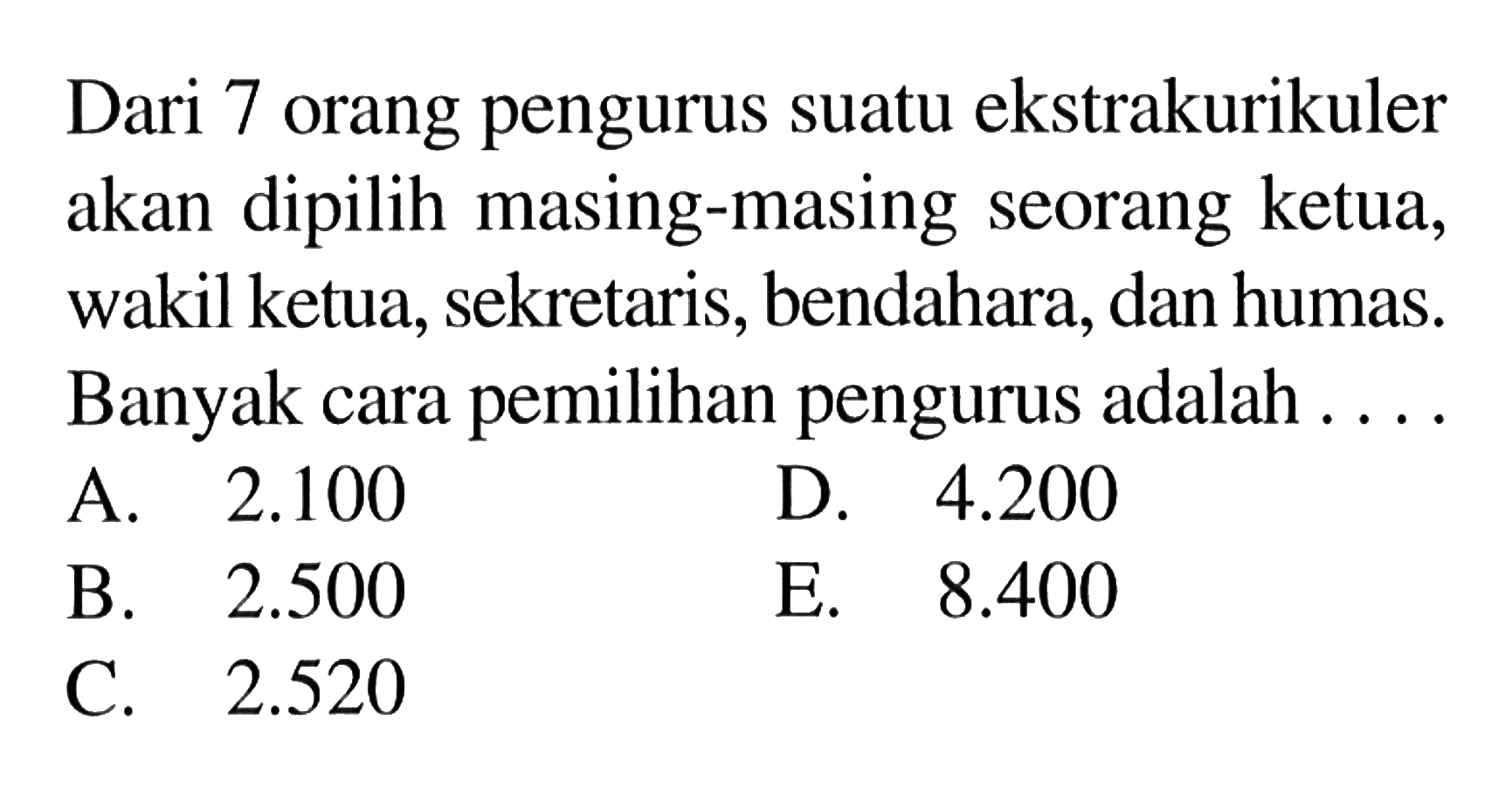 Dari 7 orang pengurus suatu ekstrakurikuler akan dipilih masing-masing seorang ketua, wakil ketua, sekretaris, bendahara, dan humas. Banyak cara pemilihan pengurus adalah ... 