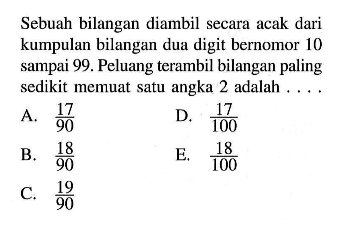 Sebuah bilangan diambil secara acak dari kumpulan bilangan dua digit bernomor 10 sampai 99. Peluang terambil bilangan paling sedikit memuat satu angka 2 adalah ....