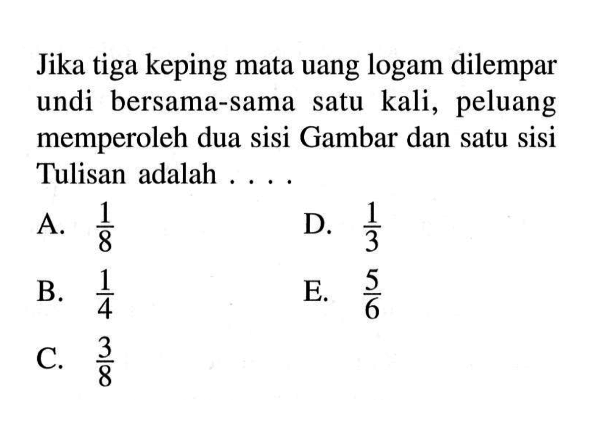 Jika tiga keping mata uang logam dilempar undi bersama-sama satu kali, peluang memperoleh dua sisi Gambar dan satu sisi Tulisan adalah ....