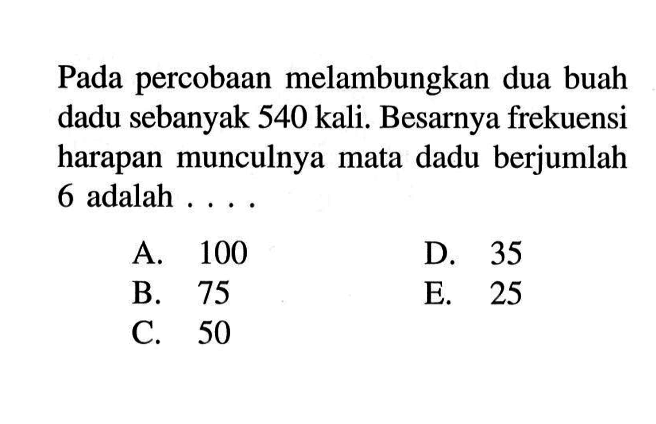 Pada percobaan melambungkan dua buah dadu sebanyak 540 kali. Besarnya frekuensi harapan munculnya mata dadu berjumlah 6 adalah .... 