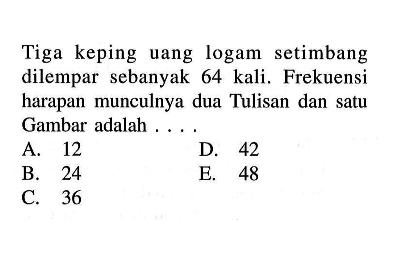 Tiga keping uang logam setimbang dilempar sebanyak 64 kali. Frekuensi harapan munculnya dua Tulisan dan satu Gambar adalah....