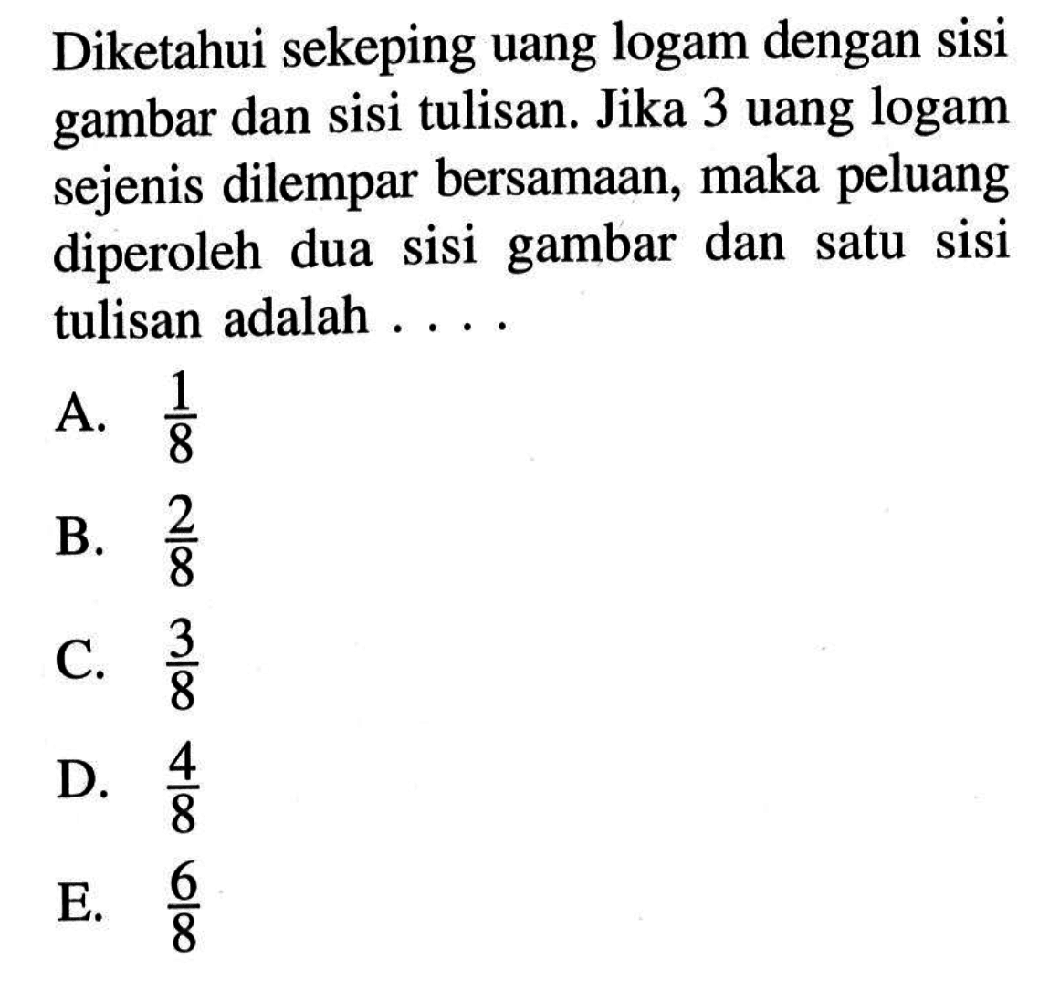 Diketahui sekeping uang logam dengan sisi gambar dan sisi tulisan. Jika 3 uang logam sejenis dilempar bersamaan, maka peluang diperoleh dua sisi gambar dan satu sisi tulisan adalah ....