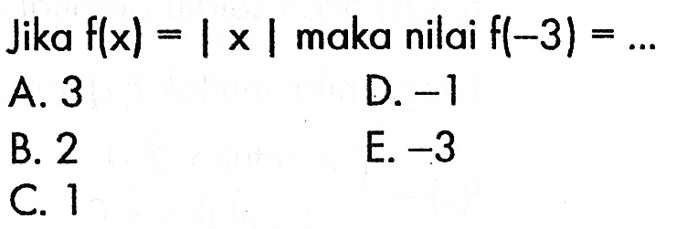 Jika f(x)=|x| maka nilai f(-3)= ...