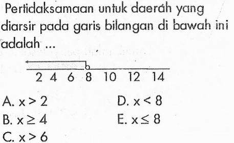 Pertidaksamaan untuk daerah yang diarsir pada garis bilangan di bawah ini adalah ... 2 4 6 8 10 12 14