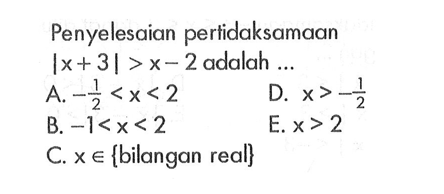 Penyelesaian pertidaksamaan |x+3| >x- 2 adalah