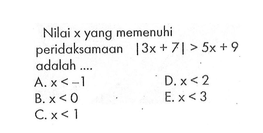 Nilai x yang memenuhi pertidaksamaan \3x+7|>5x+9 adalah ....