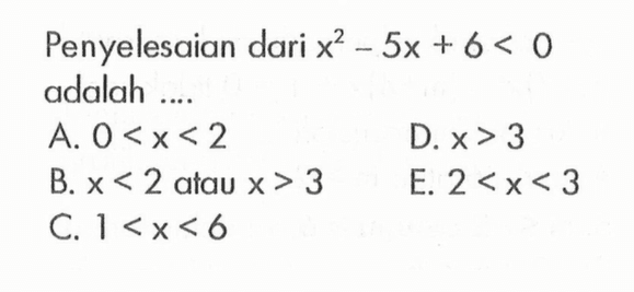 Penyelesaian dari x^2 - 5x + 6 < 0 adalah ....