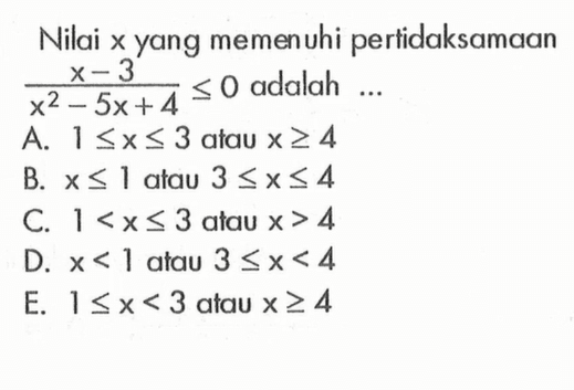 Nilai x yang memenuhi pertidaksamaan (x-3)/(x^2-5x+4)<=0 adalah ...