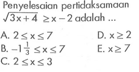 Penyelesaian pertidaksamaan akar(3x+4)>=x-2 adalah...