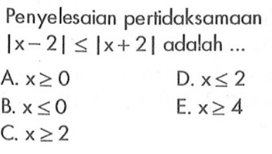 Penyelesaian pertidaksamaan |x-2| <= |x+ 2 | adalah