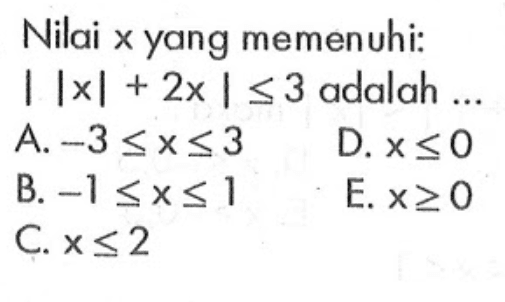 Nilai x yang memenuhi: ||x|+2x|<=3 adalah...