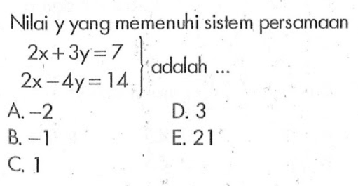 Nilai y yang memenuhi sistem persamaan 2x+3y=7 2x-4y=14 adalah ...
