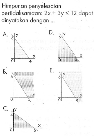 Himpunan penyelesaian pertidaksamaan 2x+3y<= 12 dapat dinyatakan dengan ...