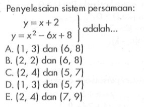 Penyelesaian sistem persamaan: y=x+2 y=x^2-6x+8 adalah...