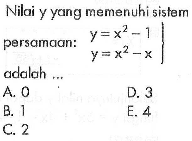Nilai y yang memenuhi sistem persamaan: y=x^2-1 y=x^2-x adalah ...