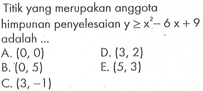 Titik yang merupakan anggota himpunan penyelesaian y>=x^2-6x+9 adalah...