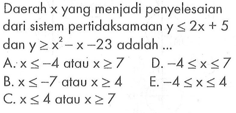 Daerah x yang menjadi penyelesaian pertidaksamaan Y <= 2x + 5 dari sistem dan y >=X^2-x-23 adalah