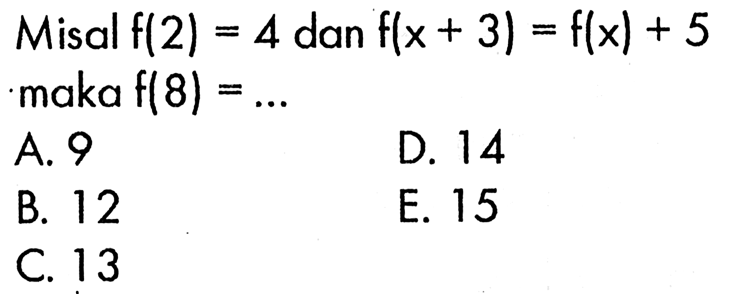 Misal f(2)=4 dan f(x+3)=f(x)+5 maka f(8)=... 