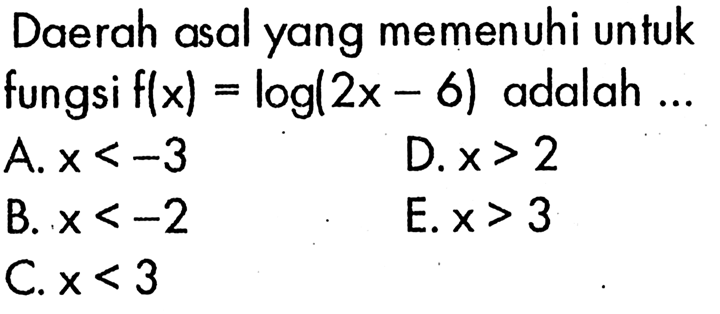 Daerah asal yang memenuhi untuk fungsi f(x)=log(2x-6) adalah ...