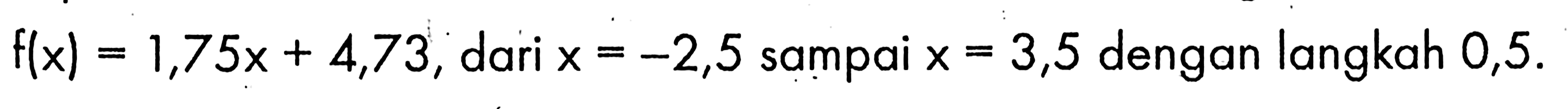 f(x)=1,75x + 4,73, dari x=-2,5 sampai x=3,5 dengan langkah 0,5
