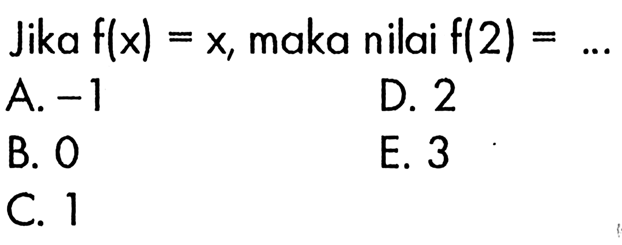 Jika f(x) = x, maka nilai f(2) = ....