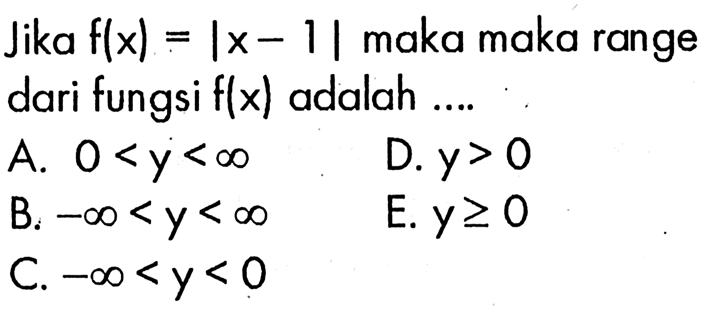 Jika f(x)=|x-1| maka range dari fungsi f(x) adalah ....