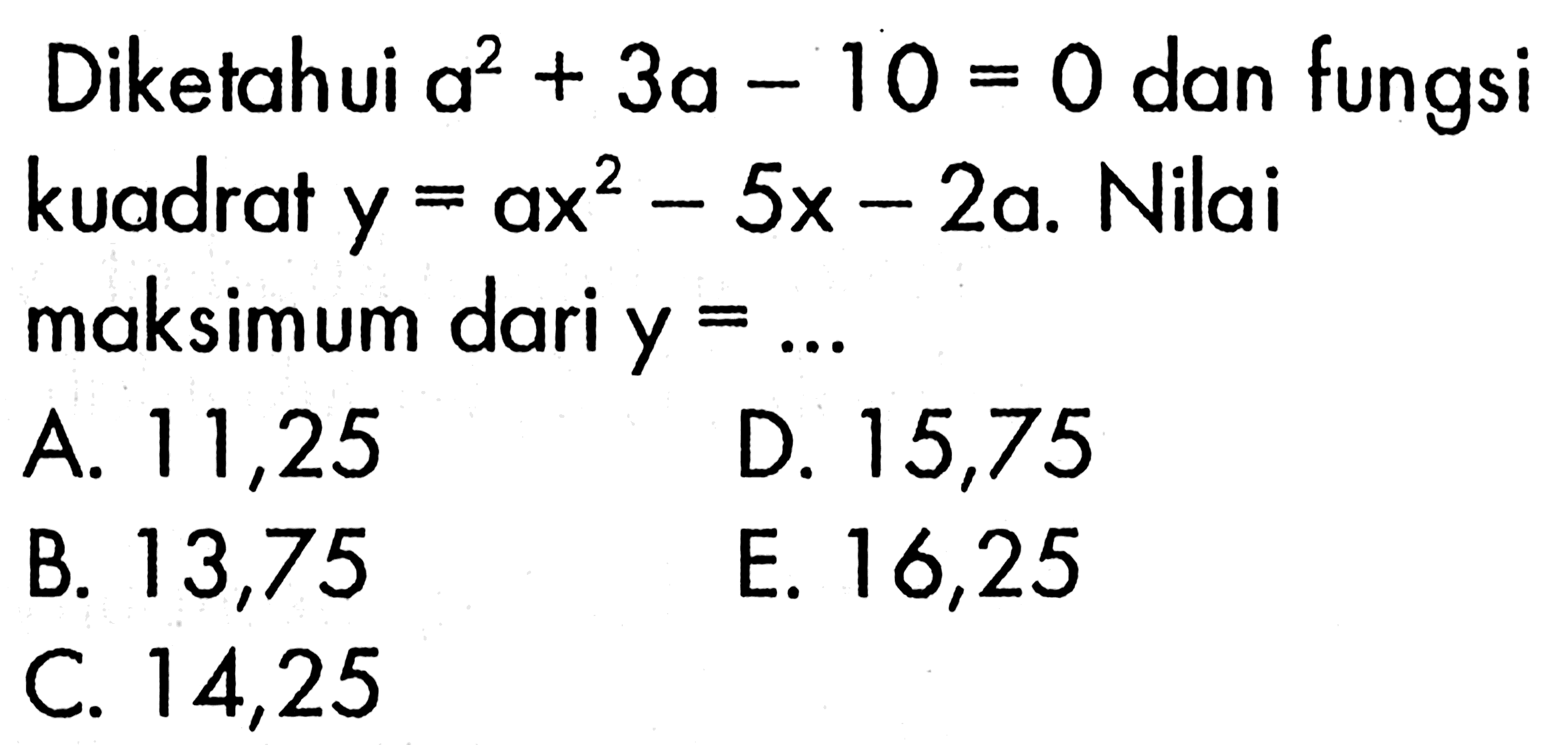 Diketahui a^2+3a-10=0 dan fungsi kuadrat y=ax^2-5x-2a. Nilai maksimum dari y=... 