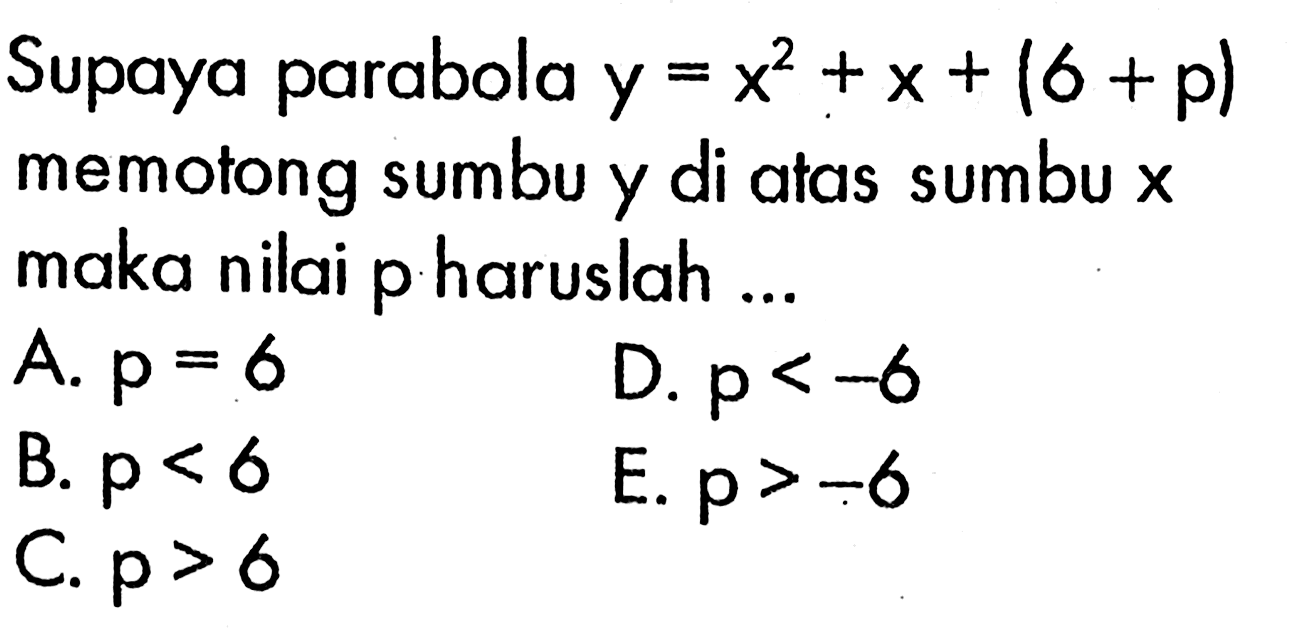 Supaya parabola y=x^2+x+(6+p) memotong sumbu y di atas sumbu x maka nilai p haruslah...