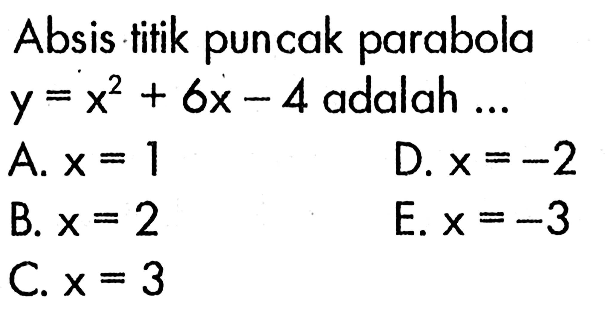 Absis titik puncak parabola y=x^2+6x-4 adalah ...