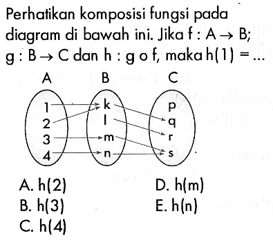 Perhatikan komposisi fungsi pada diagram di bawah ini. Jika  f: A->B;  g:B->C  dan  h: gof, maka h(1)=...A 1 2 3 4 B k l m n C p q r s